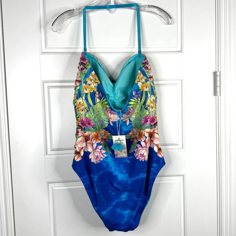 JOHNNY WAS Water Tropic Ruched Sweetheart One Piece Swimsuit NEW Size XL Blue